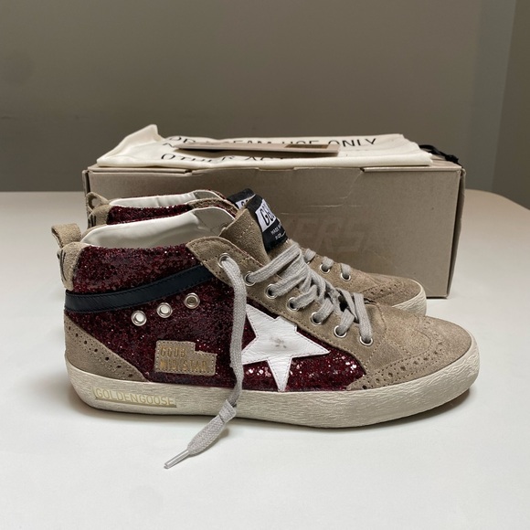 Golden Goose Mid Star Sneaker in Burgundy Glitter/Gray Suede sz 40 New in Box - Picture 3 of 13